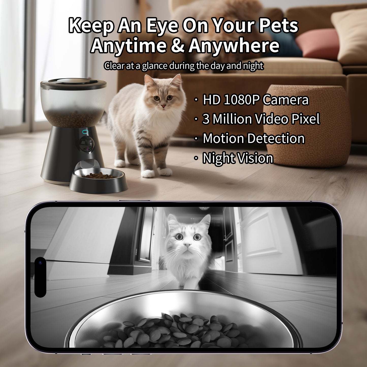 Smart Automatic Pet Feeder with Camera & 5GHz WiFi - 4L Large Capacity App-Controlled Food Dispenser, Stainless Steel Bowl + AC Adapter Included - Dual-Band Connectivity for Cats/Dogs
