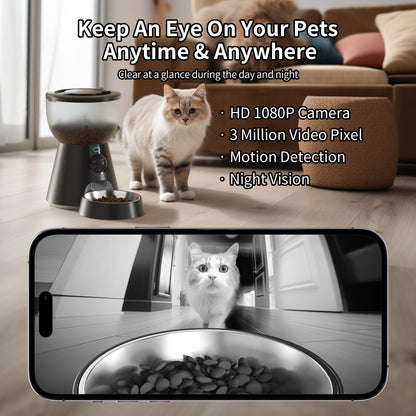 Smart Automatic Pet Feeder with Camera & 5GHz WiFi - 4L Large Capacity App-Controlled Food Dispenser, Stainless Steel Bowl + AC Adapter Included - Dual-Band Connectivity for Cats/Dogs